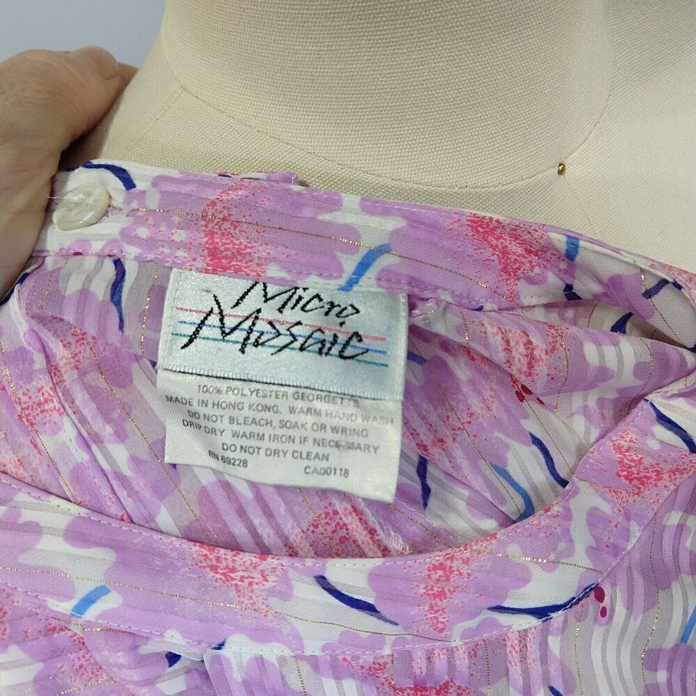 Vintage 80s Floral Blouse Size M Purple Georgette Bow Glam Long Sleeve Metallic - Picture 7 of 9